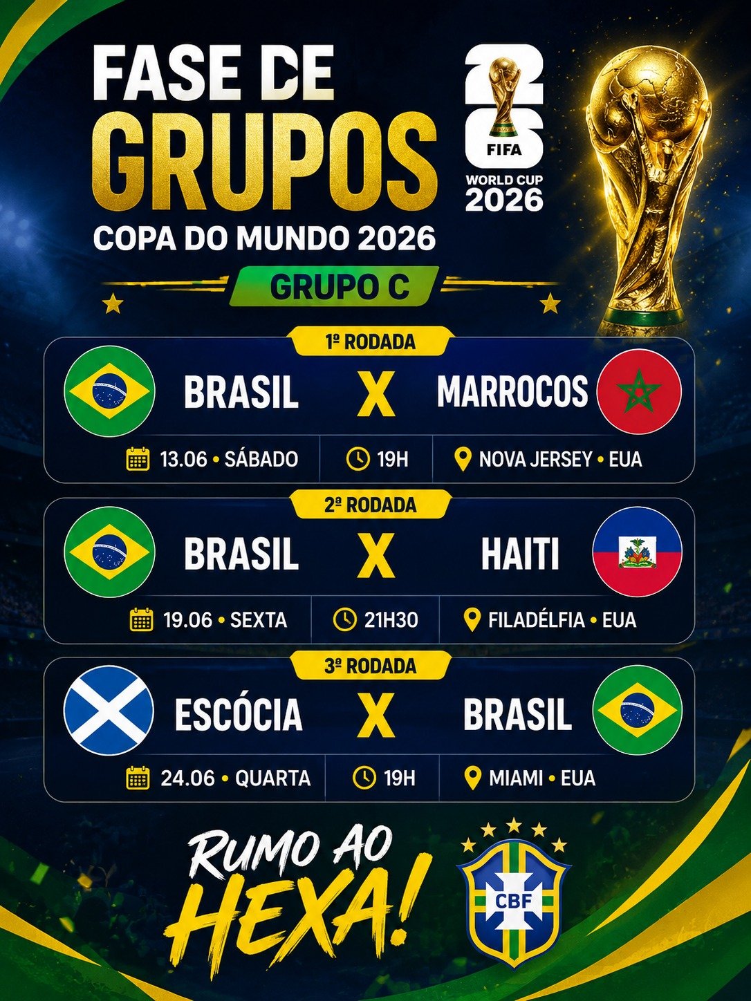 Rumo ao Hexa: veja datas e horários dos jogos do Brasil na Copa do Mundo 2026