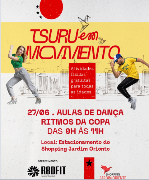 Tsuru em Movimento promove aula gratuita de dança com ritmos da Copa neste sábado no Shopping Jardim Oriente